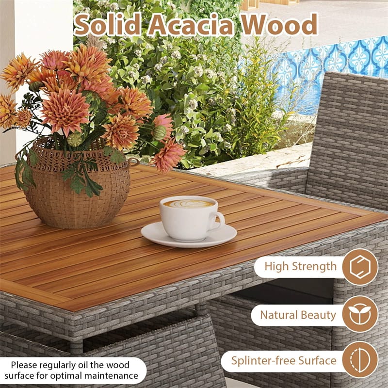5 Piece PE Wicker Patio Dining Set with Cushions & Umbrella Hole, Outdoor Acacia Wood Dining Table & Armchairs for Backyard Garden Porch