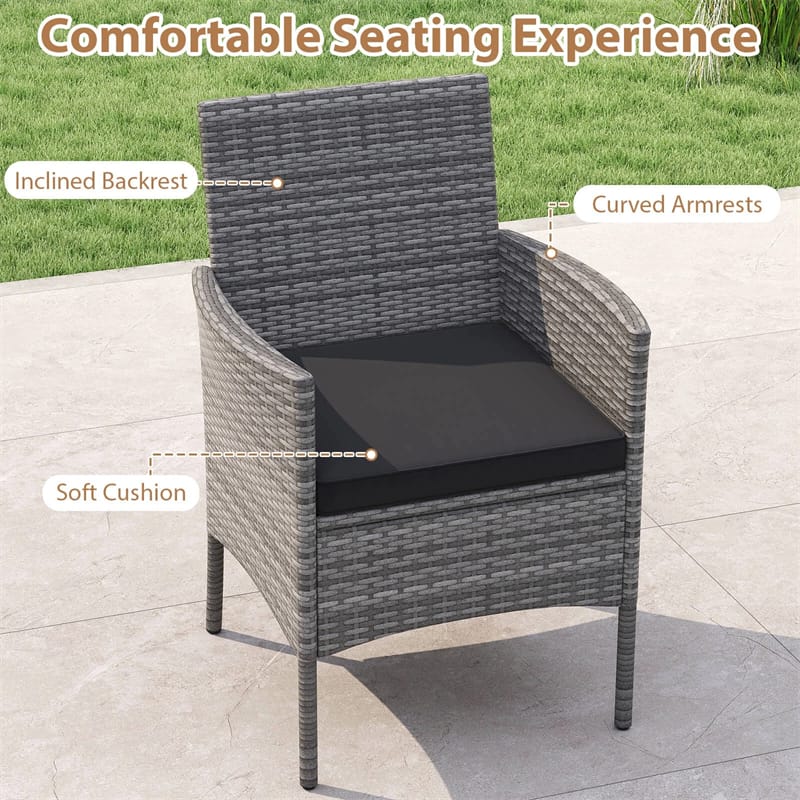 5 Piece PE Wicker Patio Dining Set with Cushions & Umbrella Hole, Outdoor Acacia Wood Dining Table & Armchairs for Backyard Garden Porch