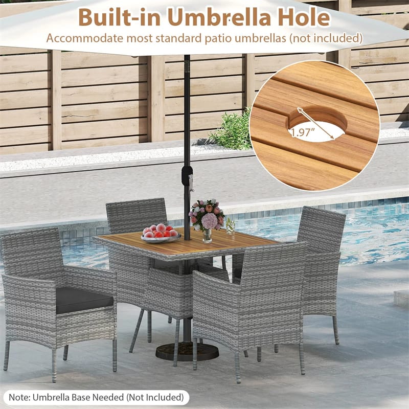5 Piece PE Wicker Patio Dining Set with Cushions & Umbrella Hole, Outdoor Acacia Wood Dining Table & Armchairs for Backyard Garden Porch