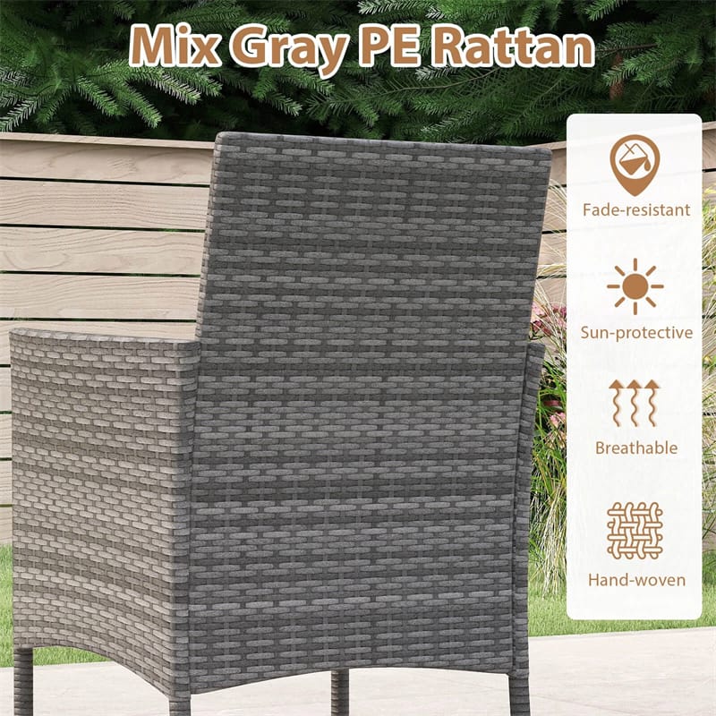 5 Piece PE Wicker Patio Dining Set with Cushions & Umbrella Hole, Outdoor Acacia Wood Dining Table & Armchairs for Backyard Garden Porch