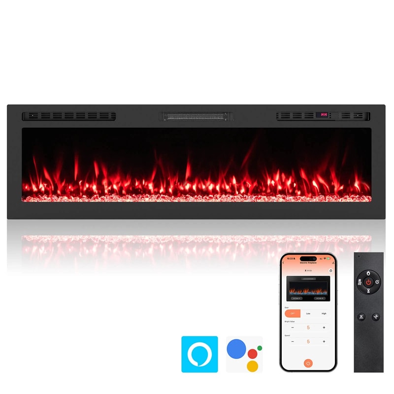 36-68" Smart WiFi Electric Fireplace, Recessed/Wall Mounted Fireplace Heater, 12 Flame & Ember Bed Colors, Alexa/Google Assistant, 12H Timer