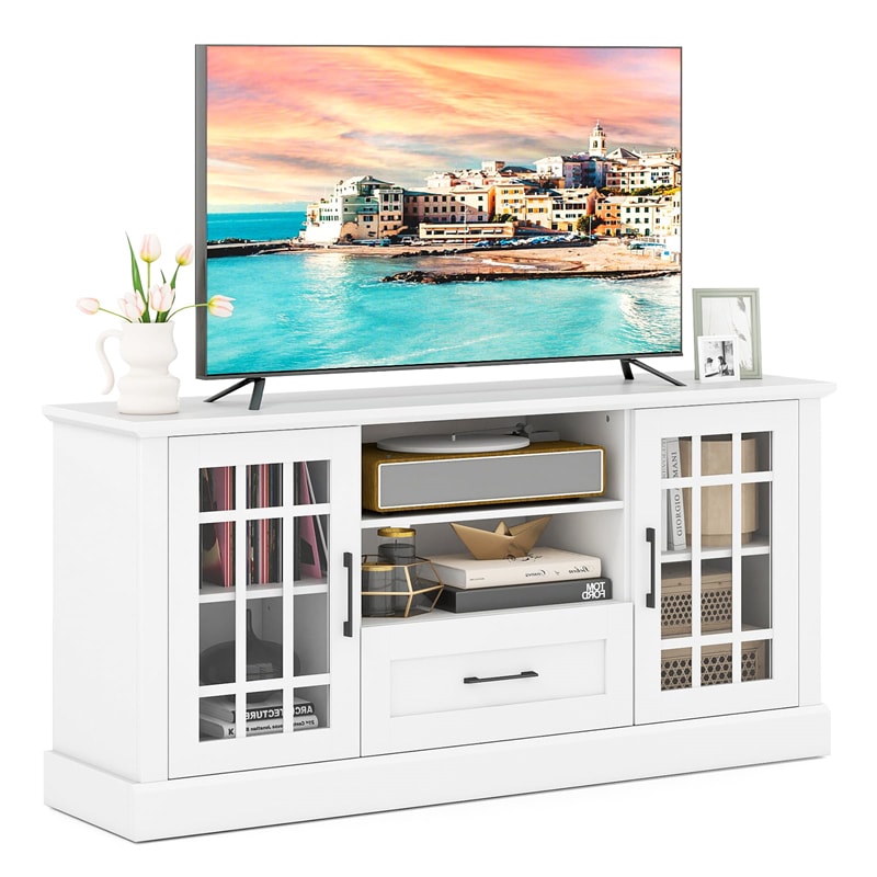 62" Farmhouse TV Stand for 70 Inch TVs, Tall Media Console Table with 2 Glass Doors, Cubbies & Drawer, Storage Cabinet for Living Room