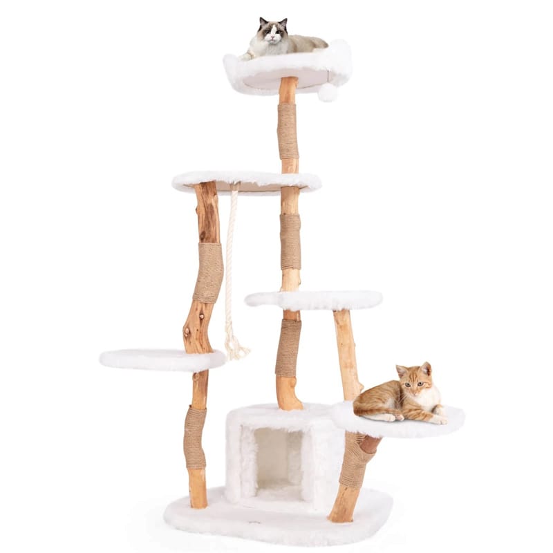 66" Tall Solid Wood Cat Tree for Large Cats, Modern Multi-Level Cat Tower with Condo, Plush Perch, Jute & Sisal Scratching Posts