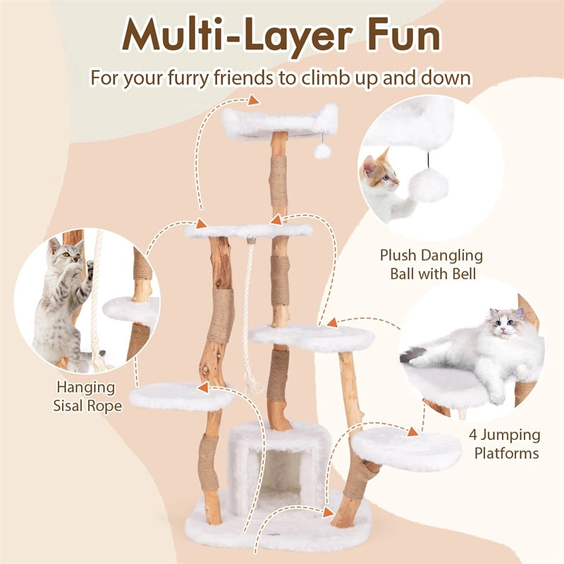 66" Tall Solid Wood Cat Tree for Large Cats, Modern Multi-Level Cat Tower with Condo, Plush Perch, Jute & Sisal Scratching Posts