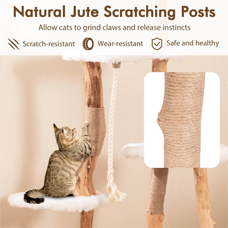 66" Tall Solid Wood Cat Tree for Large Cats, Modern Multi-Level Cat Tower with Condo, Plush Perch, Jute & Sisal Scratching Posts