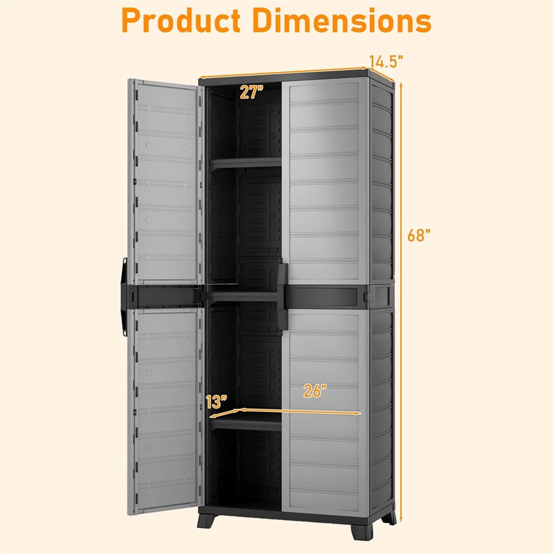 68" Lockable Plastic Storage Cabinet with 3 Adjustable Shelves, Vertical Shelving Unit Utility Garage Organizer for Basement, Laundry Room & Mudroom
