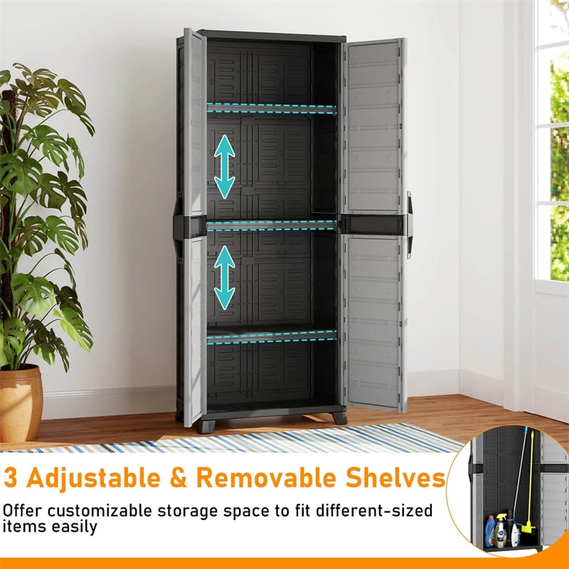 68" Lockable Plastic Storage Cabinet with 3 Adjustable Shelves, Vertical Shelving Unit Utility Garage Organizer for Basement, Laundry Room & Mudroom