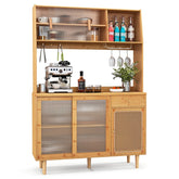 69" Tall Bamboo Kitchen Pantry Hutch Cabinet, Freestanding Buffet Sideboard with Rattan Door, Wine Storage & Microwave Countertop for Coffee Bar