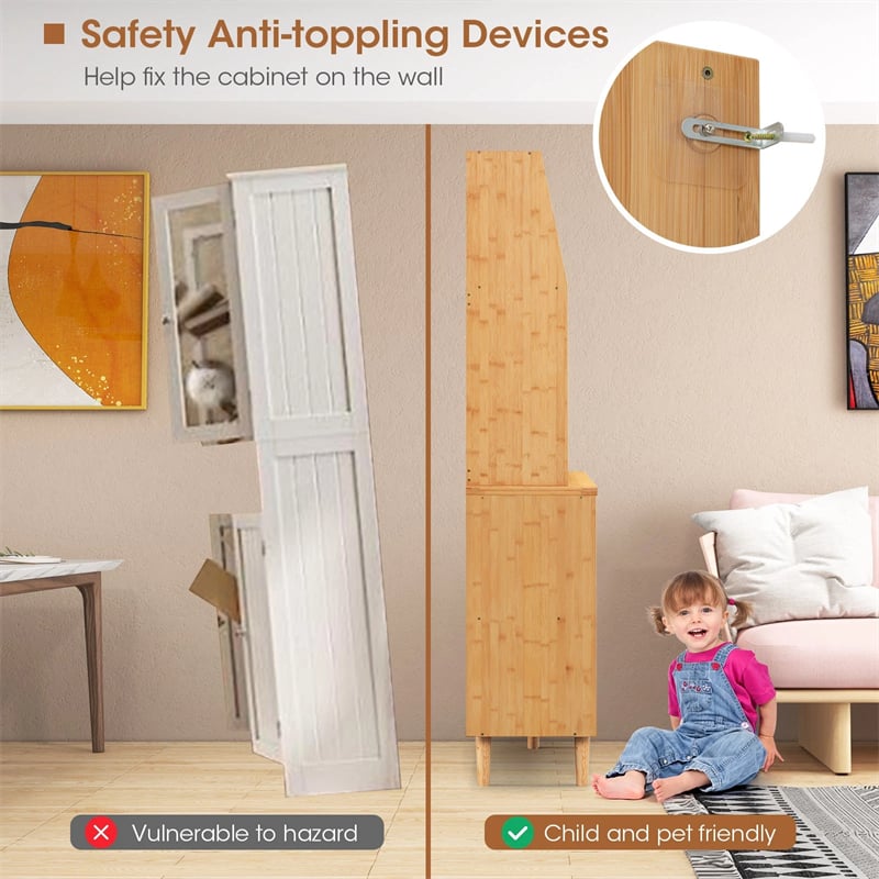 69" Tall Bamboo Kitchen Pantry Hutch Cabinet, Freestanding Buffet Sideboard with Rattan Door, Wine Storage & Microwave Countertop for Coffee Bar