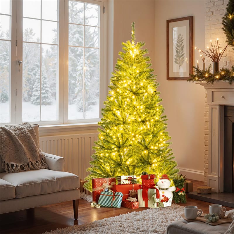 6/7/8FT Pre-Lit Artificial Christmas Tree, Hinged Xmas Tree with Remote, Warm White LED Lights, Timer, Adjustable Lighting Modes for Holiday Decor
