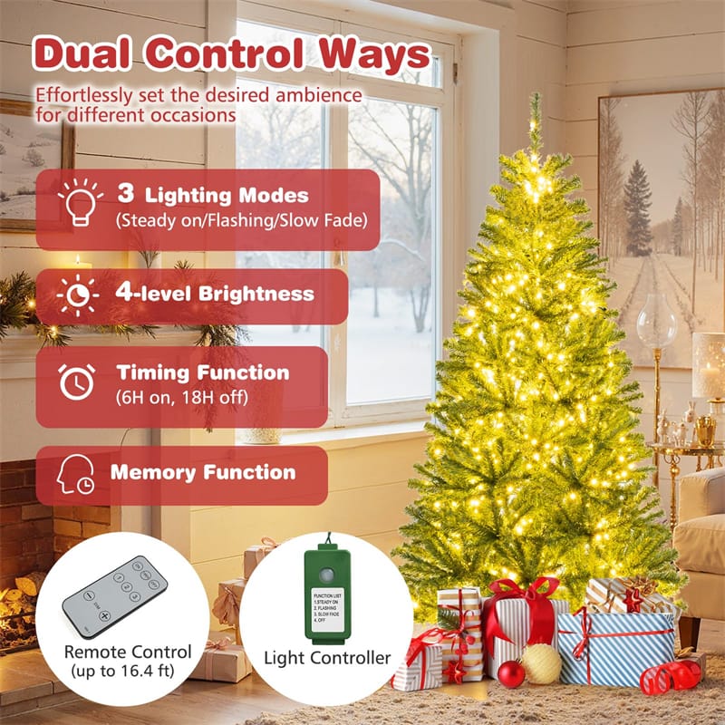 6/7/8FT Pre-Lit Artificial Christmas Tree, Hinged Xmas Tree with Remote, Warm White LED Lights, Timer, Adjustable Lighting Modes for Holiday Decor