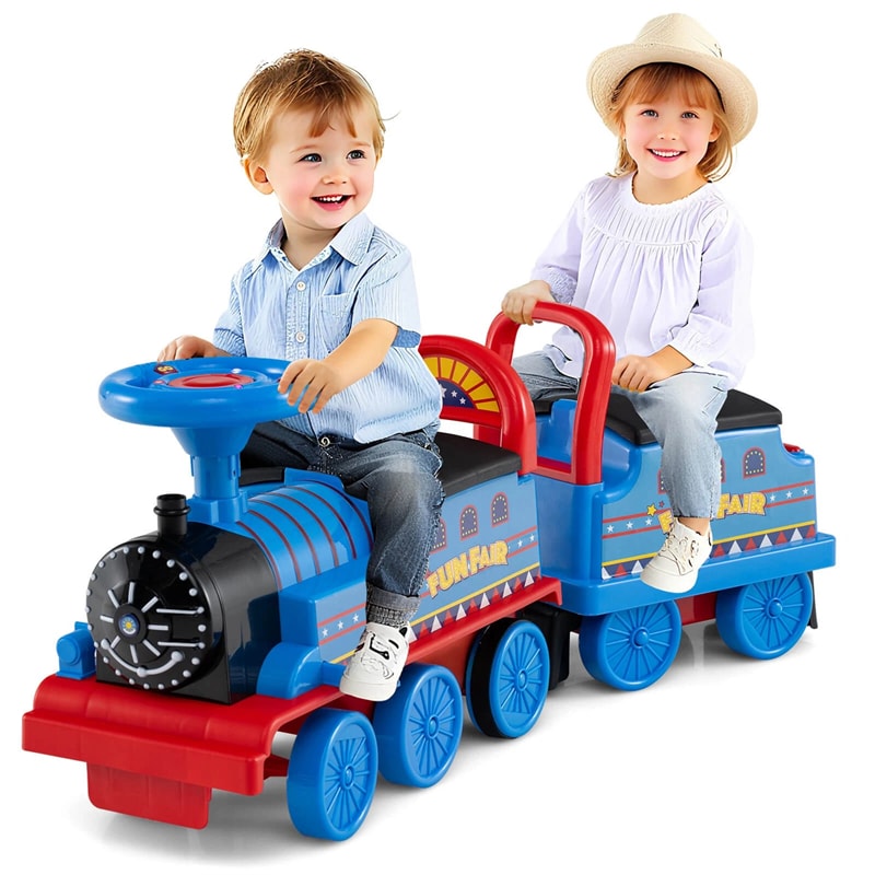 6V 2-Seater Ride On Train with Detachable Carriage, Under-Seat Storage, Whistle & Flashing LED Lights, Trackless Electric Ride On Toy for Kids