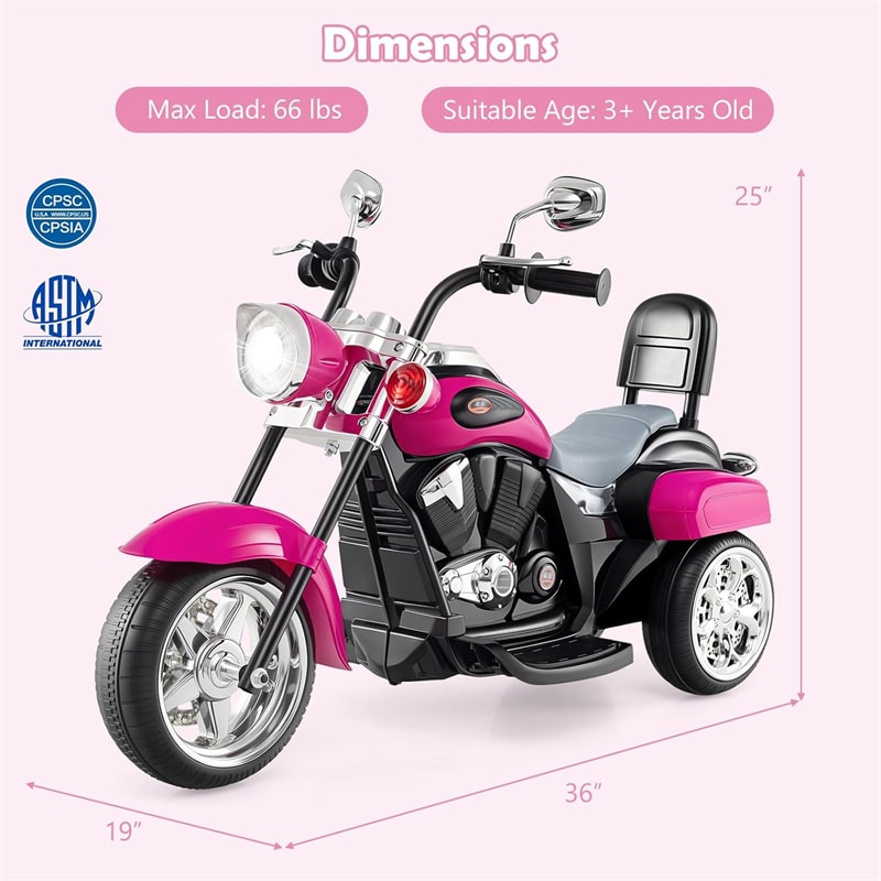 3 Wheel Kids Ride on Chopper-Style Motorcycle, 6V Battery Powered Kids Motorbike Trike Toy with Horn & Headlight