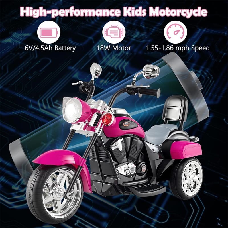 3 Wheel Kids Ride on Chopper-Style Motorcycle, 6V Battery Powered Kids Motorbike Trike Toy with Horn & Headlight