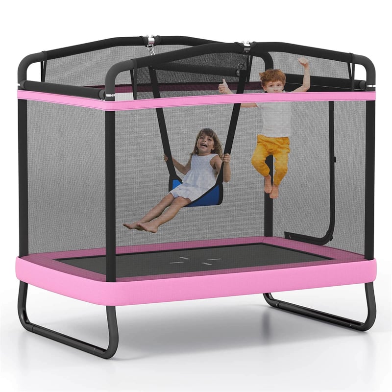 6FT Kids Rectangle Trampoline, ASTM Certified Toddler Rebounder with Swing, Horizontal Bar & Safety Enclosure Net for Indoor Outdoor