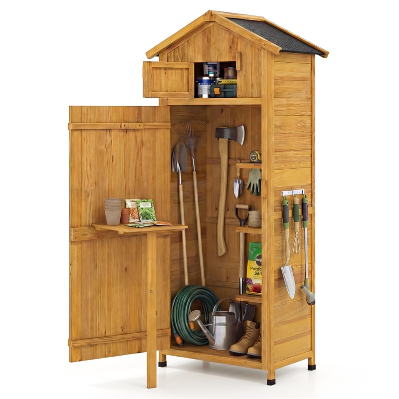 70" Tall Waterproof Wooden Outdoor Shed Garden Tool Storage Cabinet with Lockable Doors & Foldable Table