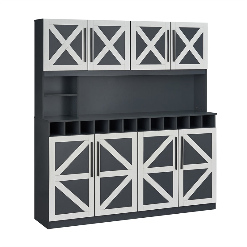 70" Farmhouse Pantry Cabinet, 63" Kitchen Buffet Hutch with 12-Bottle Wine Rack, 8-Door Storage Cupboard, Large Countertop & Adj. Shelves