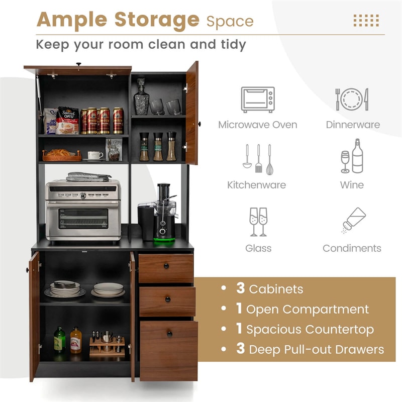 71" Kitchen Buffet Hutch Storage Cabinet Microwave Cupboard, Freestanding Pantry with 3 Cabinets & Drawers, Adjustable Shelves