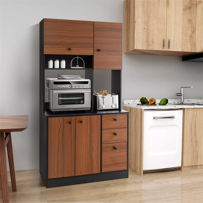 71" Kitchen Buffet Hutch Storage Cabinet Microwave Cupboard, Freestanding Pantry with 3 Cabinets & Drawers, Adjustable Shelves