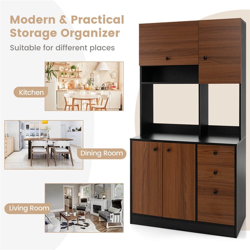 71" Kitchen Buffet Hutch Storage Cabinet Microwave Cupboard, Freestanding Pantry with 3 Cabinets & Drawers, Adjustable Shelves