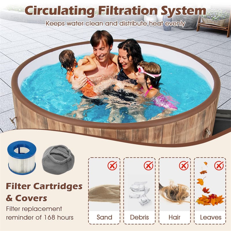 4-6 Person Wood Grain Inflatable Hot Tub, 72" Round Pool Hottub w/120 Air Jets, Heater Pump, Portable Outdoor Water SPA