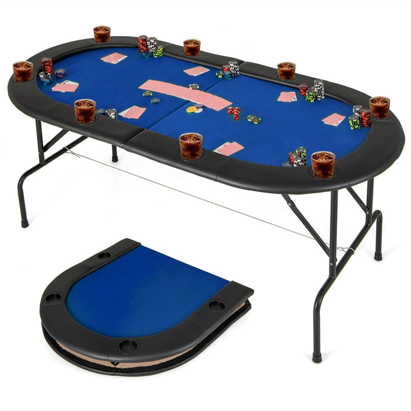 72" 8-Player Foldable Poker Table w/ Armrests, 8 Cup Holders & Casino-Grade Felt, Portable Oval Texas Holdem Blackjack Card Table, No Assembly