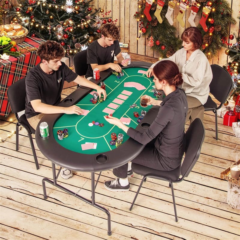 72" Foldable Poker Table for 8 Players with 8 Cup Holders & Casino-Grade Felt, Portable Oval Texas Holdem Card Table for Blackjack, No Assembly
