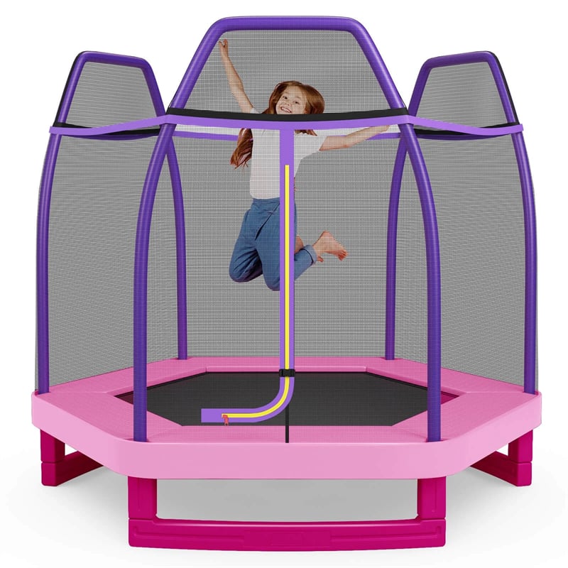 7FT Kids Trampoline with Safety Enclosure Net, ASTM Approved & Widened Base, Indoor Outdoor Recreational Trampoline for Toddlers Ages 3+