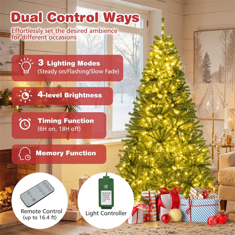 6/7/8FT Pre-Lit Artificial Christmas Tree, Hinged Xmas Tree with Remote, Warm White LED Lights, Timer, Adjustable Lighting Modes for Holiday Decor