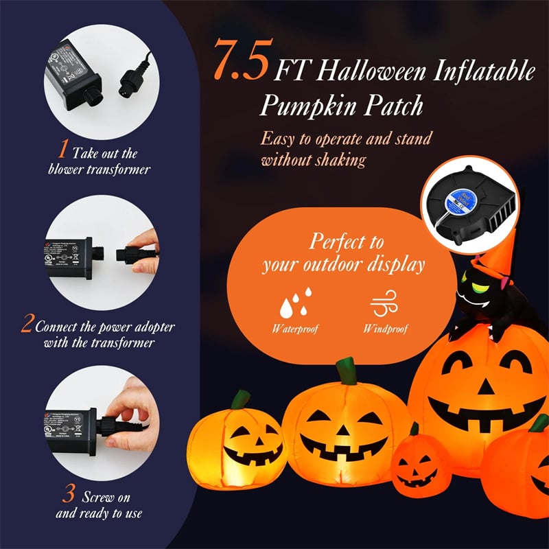 7.5 FT Halloween Inflatable Pumpkin Combo with Witch Black Cat, LED Lights & Blower, Waterproof Blow-up Holiday Decor for Outdoor Yard Haunted House