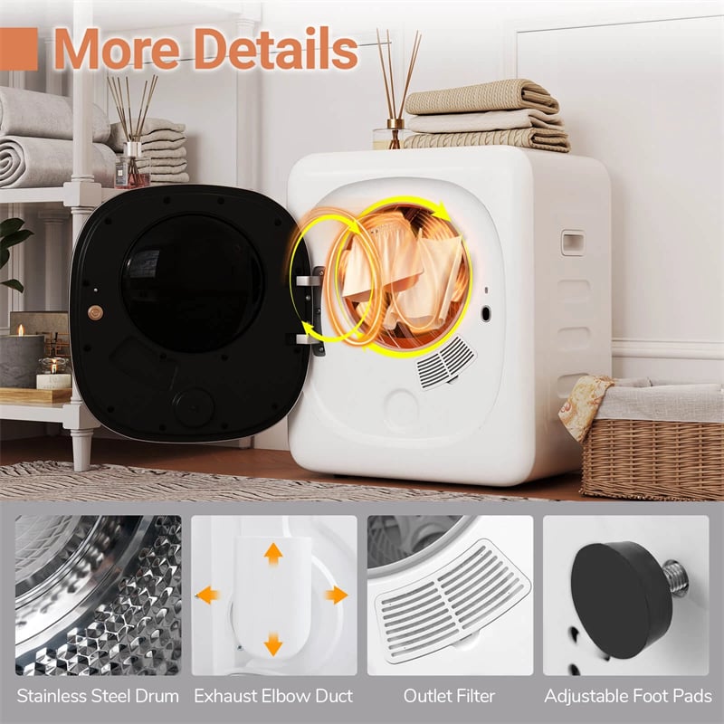 1.5 cu.ft Portable Clothes Dryer, 800W Electric Compact Laundry Dryer with Stainless Steel Tub & LED Touch Panel for Apartment, Dorm & RV