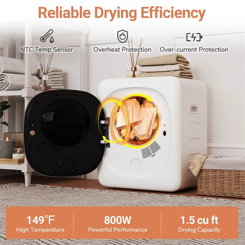 1.5 cu.ft Portable Clothes Dryer, 800W Electric Compact Laundry Dryer with Stainless Steel Tub & LED Touch Panel for Apartment, Dorm & RV