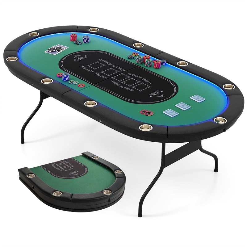 10 Player Folding Poker Table, 84" Casino Leisure Table with Cup Holder, 4 USB Ports & LED Lights for Texas Holdem, Blackjack, Card Games