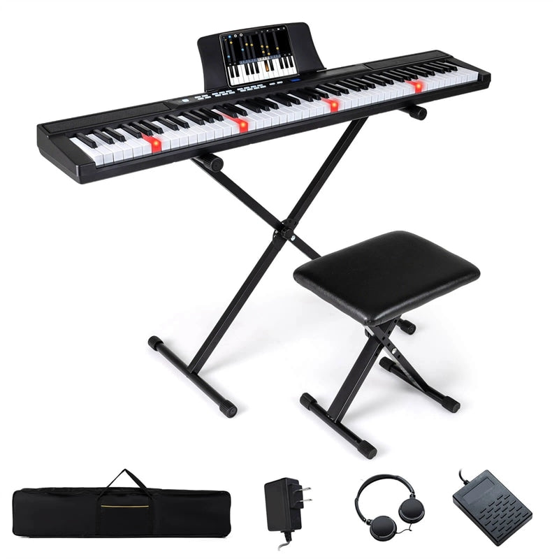 88 Key Electric Piano Keyboard Set with Adjustable Stand & Stool, Lighted Full Size Sensitive Keys, Sustain Pedal, Portable Bag for Beginners