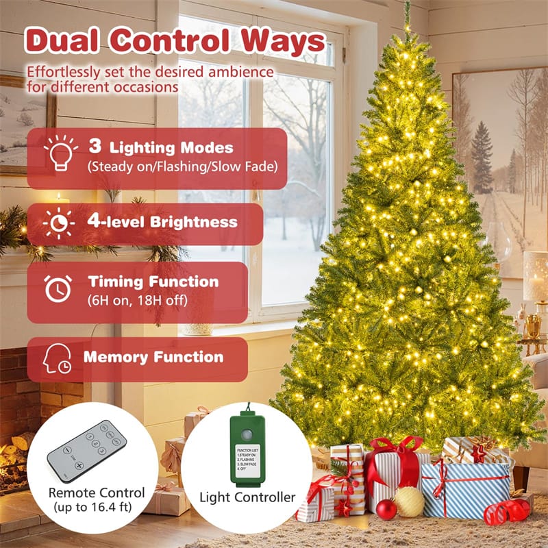 6/7/8FT Pre-Lit Artificial Christmas Tree, Hinged Xmas Tree with Remote, Warm White LED Lights, Timer, Adjustable Lighting Modes for Holiday Decor