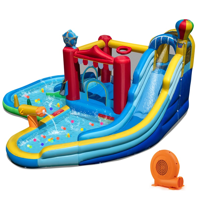 8-in-1 Inflatable Water Slide Park with Splash Pool, Water Cannon & Ball Pit, Wet Dry Combo Bounce House for Kids Backyard Party