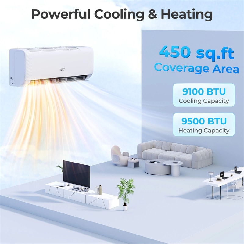 9100 BTU WiFi Mini Split Air Conditioner with Heat Pump, 20.5 SEER2 115V Alexa Inverter Ductless Split AC w/Remote for 450 Sq.Ft Room, Airtural Series