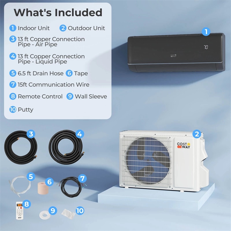 9100 BTU WiFi Mini Split Air Conditioner & Heater, 20.5 SEER2 115V Inverter Heat Pump System for Rooms Up to 450 Sq.Ft, Compatible with Alexa