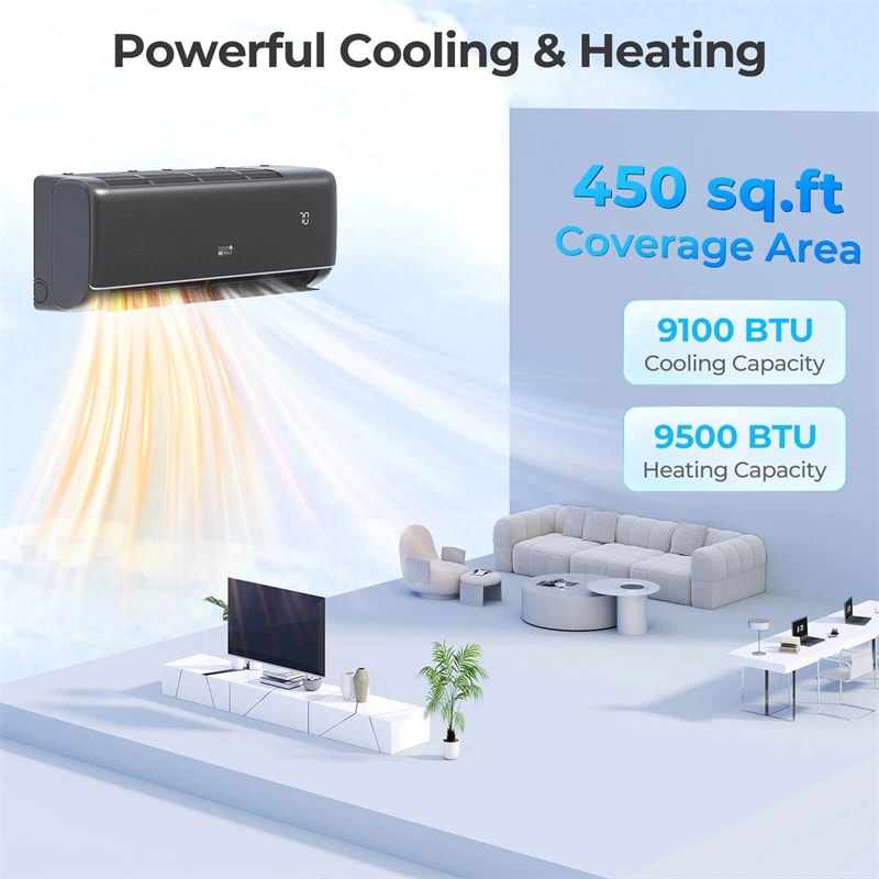 9100 BTU WiFi Mini Split Air Conditioner & Heater, 20.5 SEER2 115V Inverter Heat Pump System for Rooms Up to 450 Sq.Ft, Compatible with Alexa