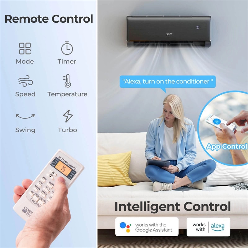 9100 BTU WiFi Mini Split Air Conditioner & Heater, 20.5 SEER2 115V Inverter Heat Pump System for Rooms Up to 450 Sq.Ft, Compatible with Alexa