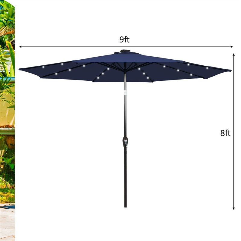 9FT Tilt Outdoor Patio Umbrella with 18 Solar LED Lights & Crank, Table Umbrella for Pool Deck Backyard