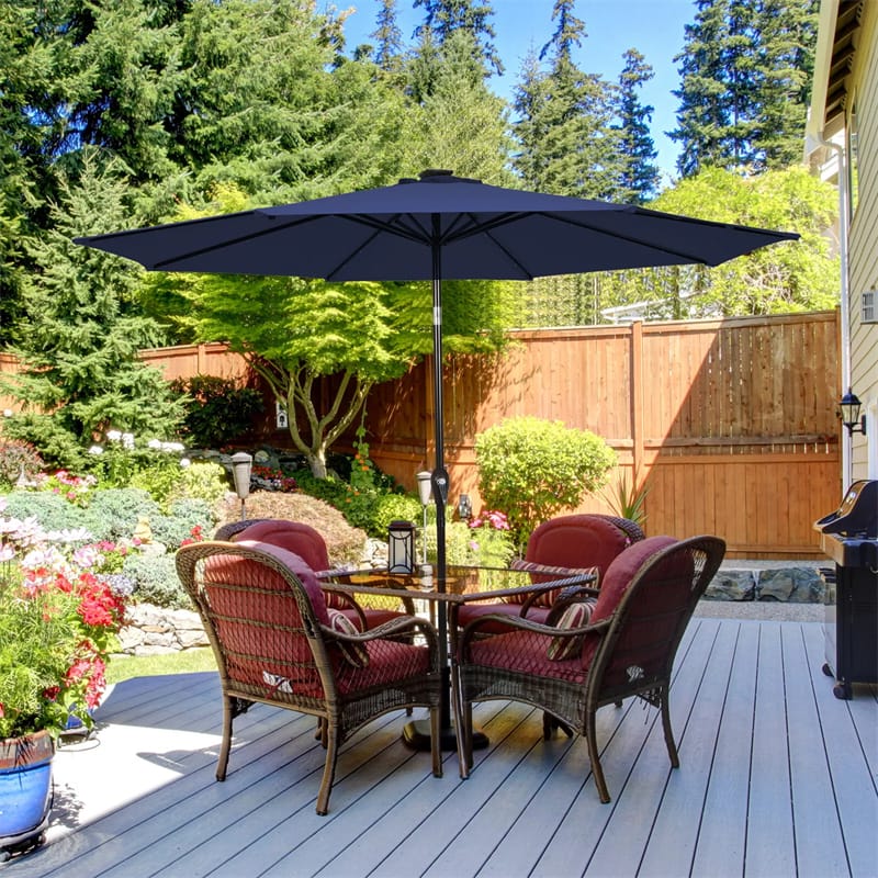 9FT Tilt Outdoor Patio Umbrella with 18 Solar LED Lights & Crank, Table Umbrella for Pool Deck Backyard