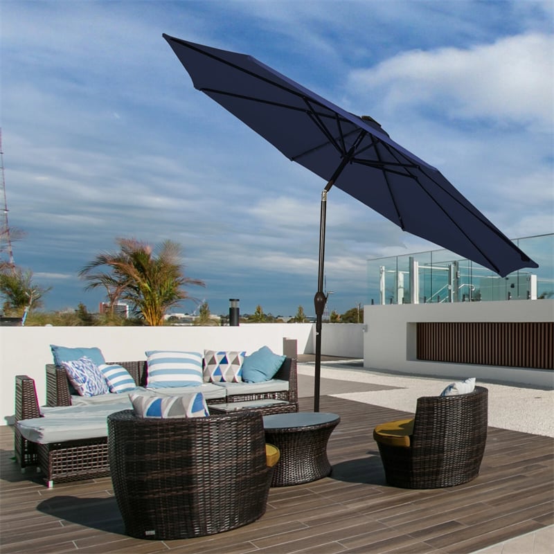 9FT Tilt Outdoor Patio Umbrella with 18 Solar LED Lights & Crank, Table Umbrella for Pool Deck Backyard