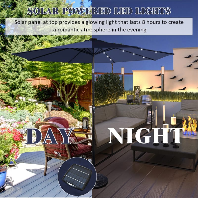 9FT Tilt Outdoor Patio Umbrella with 18 Solar LED Lights & Crank, Table Umbrella for Pool Deck Backyard