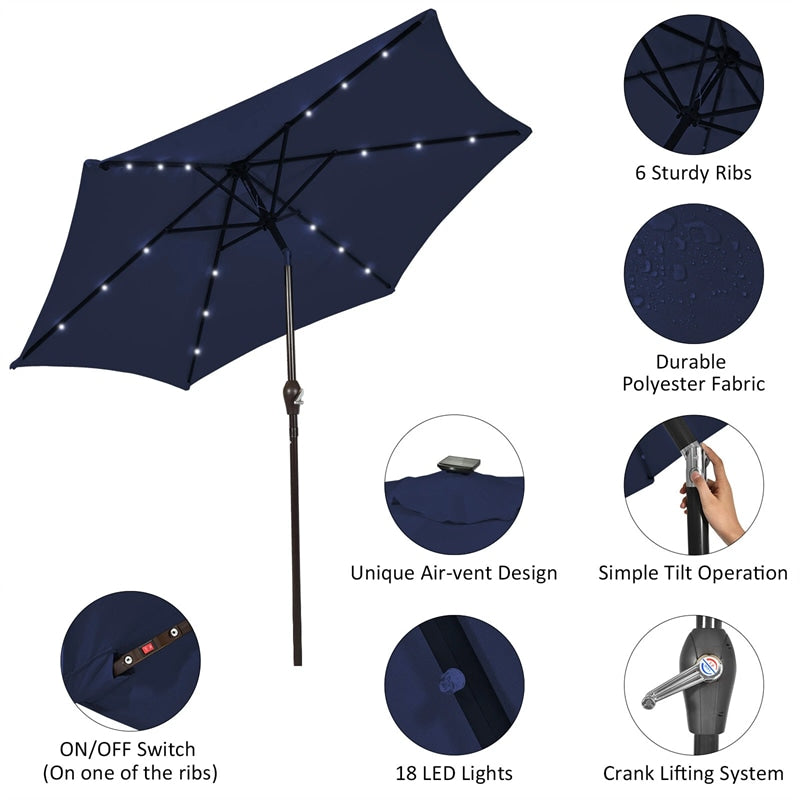 9FT Tilt Outdoor Patio Umbrella with 18 Solar LED Lights & Crank, Table Umbrella for Pool Deck Backyard