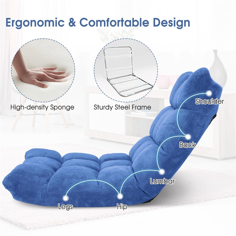 Memory Foam Floor Chair, 14-Position Adjustable Folding Gaming Sofa Chair with Back Support, Chaise Lounge Sleeper Bed Couch Recliner