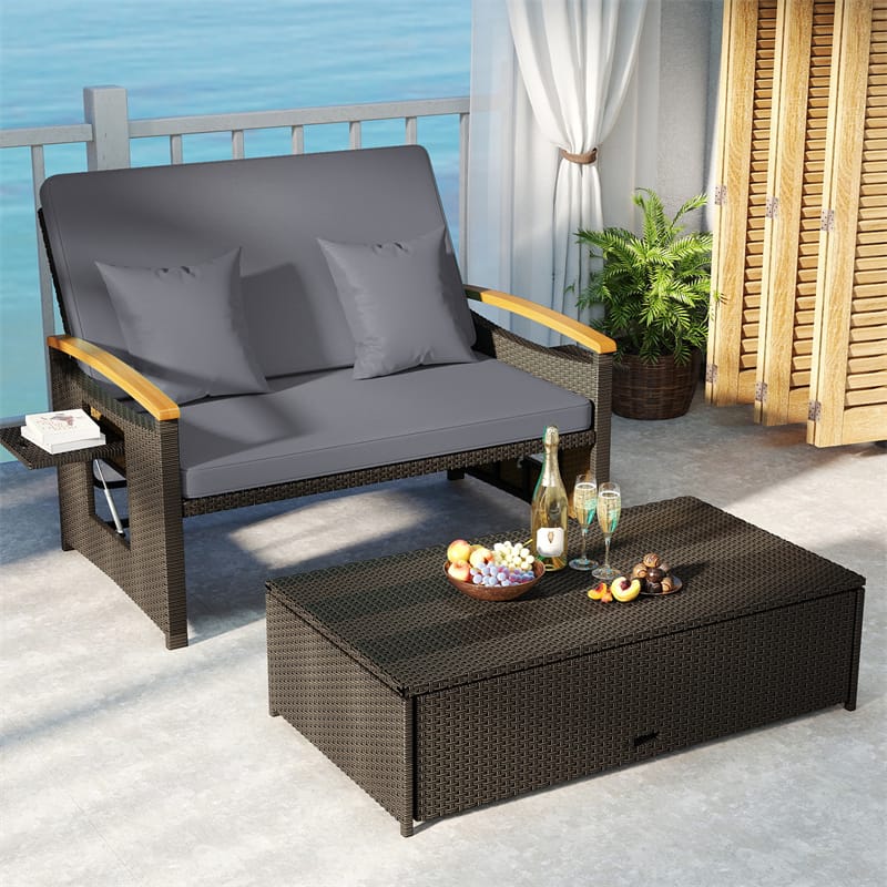 Patio Rattan Daybed with Adjustable Backrest, 2-Person Outdoor Wicker Loveseat with Storage Ottoman, Acacia Wood Armrest & Folding Tray