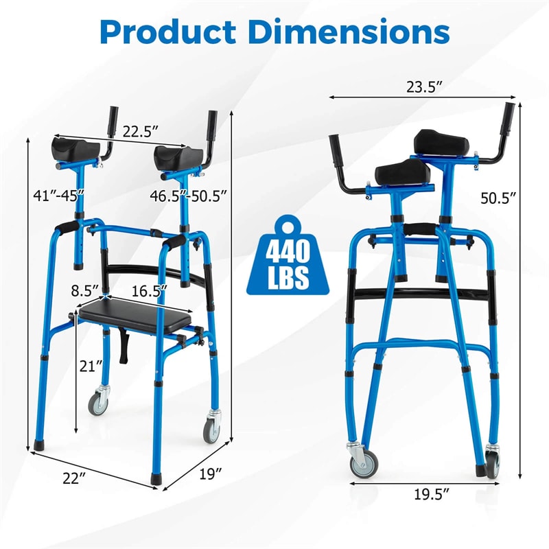 Aluminum Standard Folding Walker, 450LB All-Terrain Stand-Assist Walker with Seat, 5" Wheels & Adjustable Armrests, Lightweight for Seniors