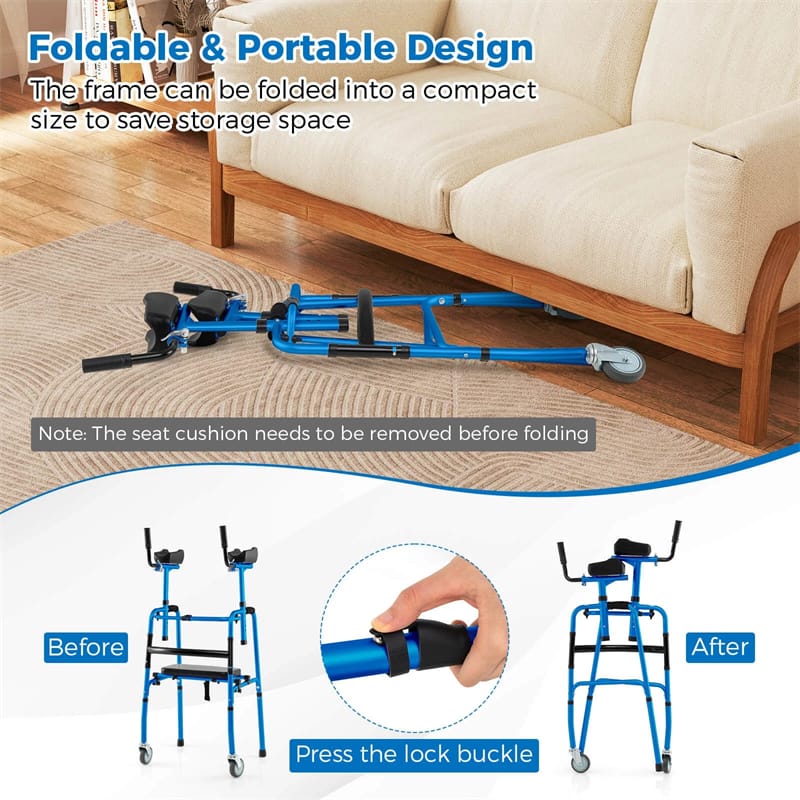 Aluminum Standard Folding Walker, 450LB All-Terrain Stand-Assist Walker with Seat, 5" Wheels & Adjustable Armrests, Lightweight for Seniors
