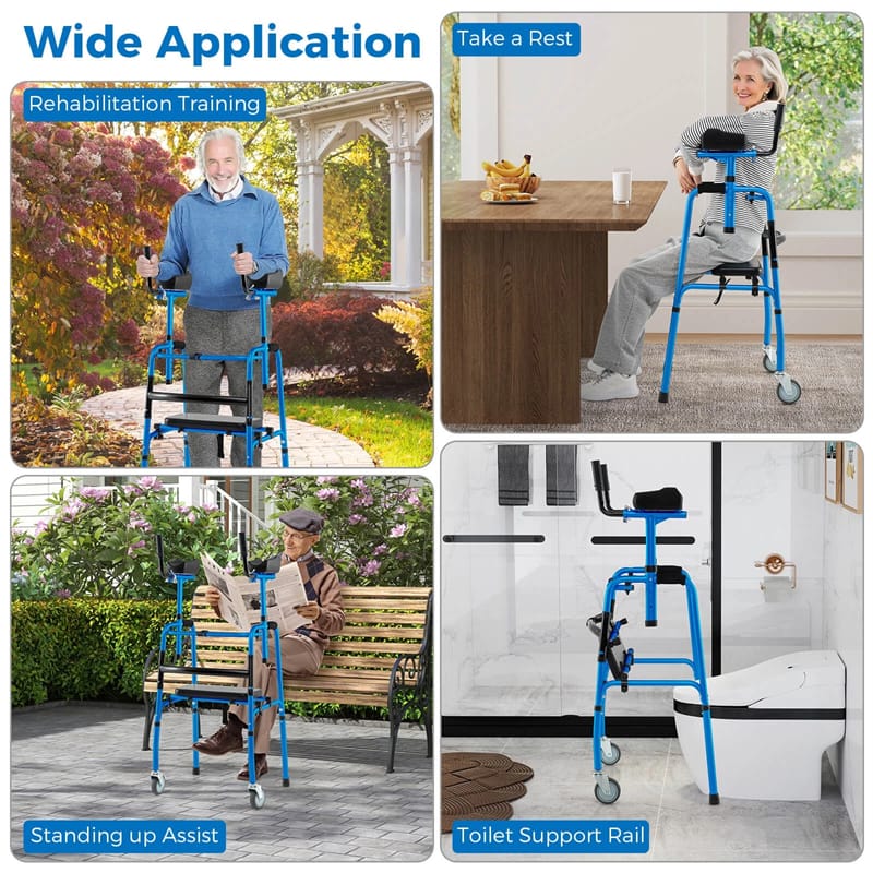Aluminum Standard Folding Walker, 450LB All-Terrain Stand-Assist Walker with Seat, 5" Wheels & Adjustable Armrests, Lightweight for Seniors